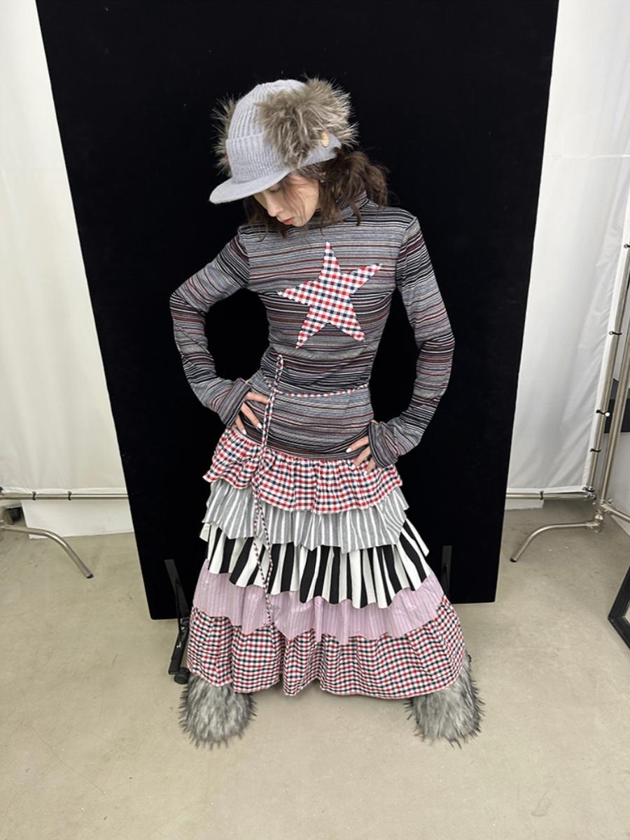 Fall Winter Plaid Star Striped Soft Knit T-Shirt
