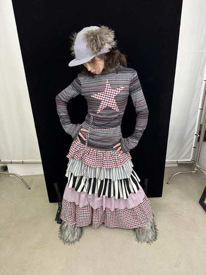 Fall Winter Plaid Star Striped Soft Knit T-Shirt
