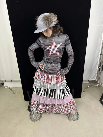 Fall Winter Plaid Star Striped Soft Knit T-Shirt
