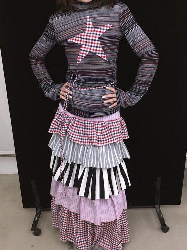 Fall Winter Plaid Star Striped Soft Knit T-Shirt