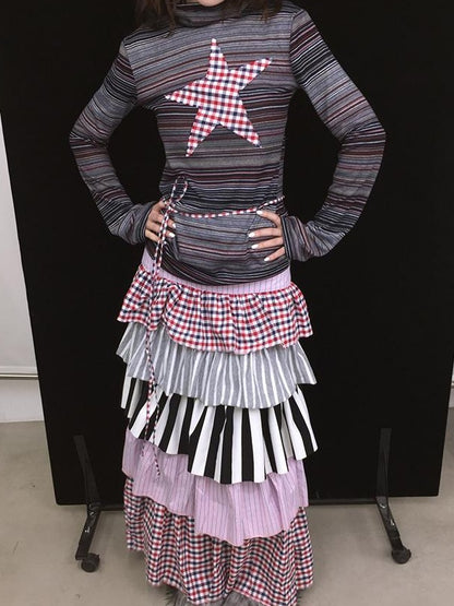 Fall Winter Plaid Star Striped Soft Knit T-Shirt