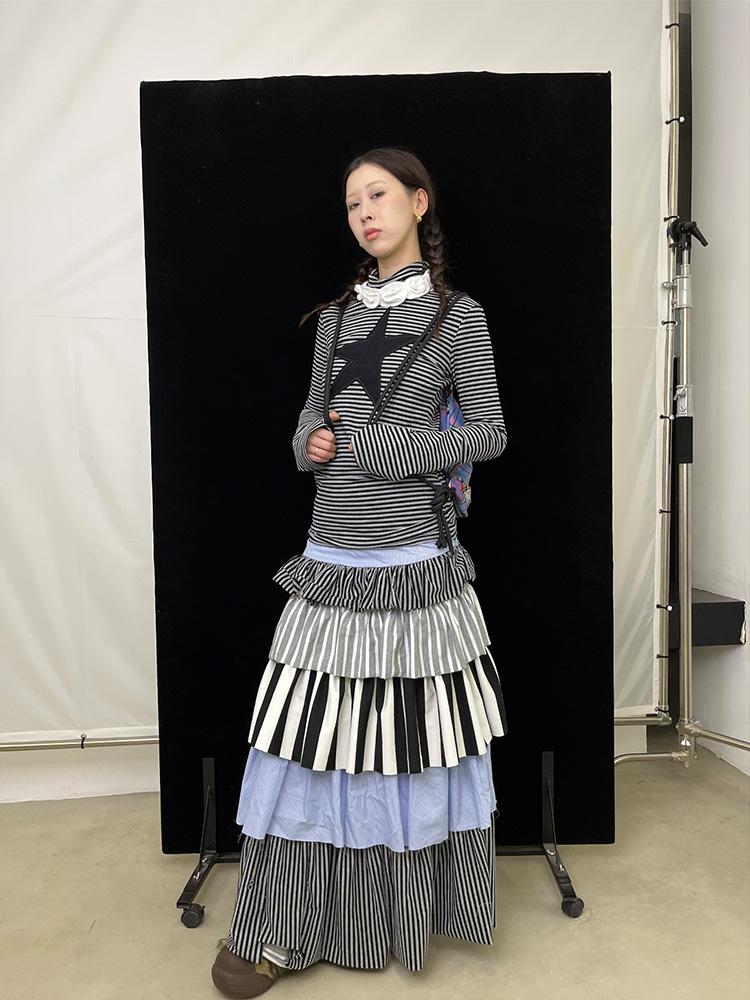 Fall Winter Striped Knit Layered Cake Maxi Dresses