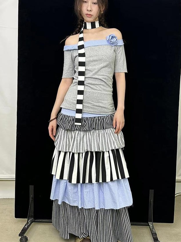 Fall Winter Striped Knit Layered Cake Maxi Dresses