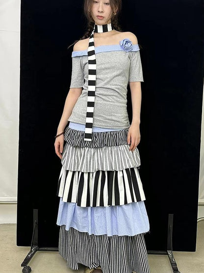 Fall Winter Striped Knit Layered Cake Maxi Dresses