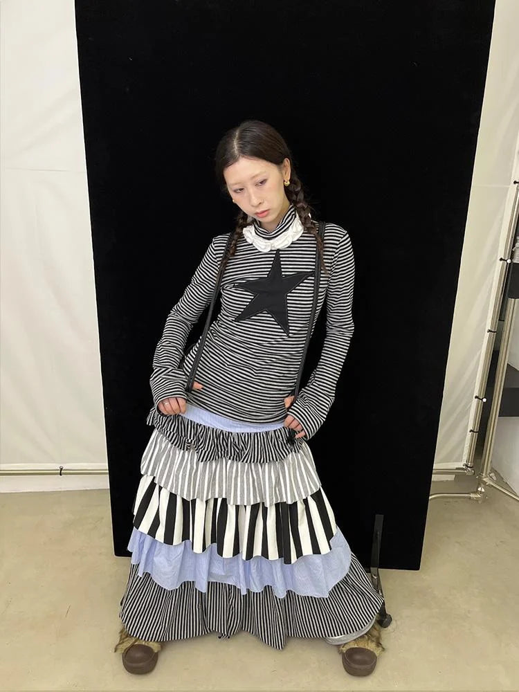 Fall Winter Striped Knit Layered Cake Maxi Dresses