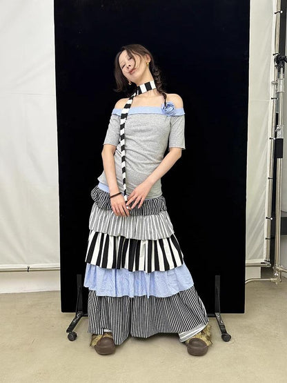 Fall Winter Striped Knit Layered Cake Maxi Dresses