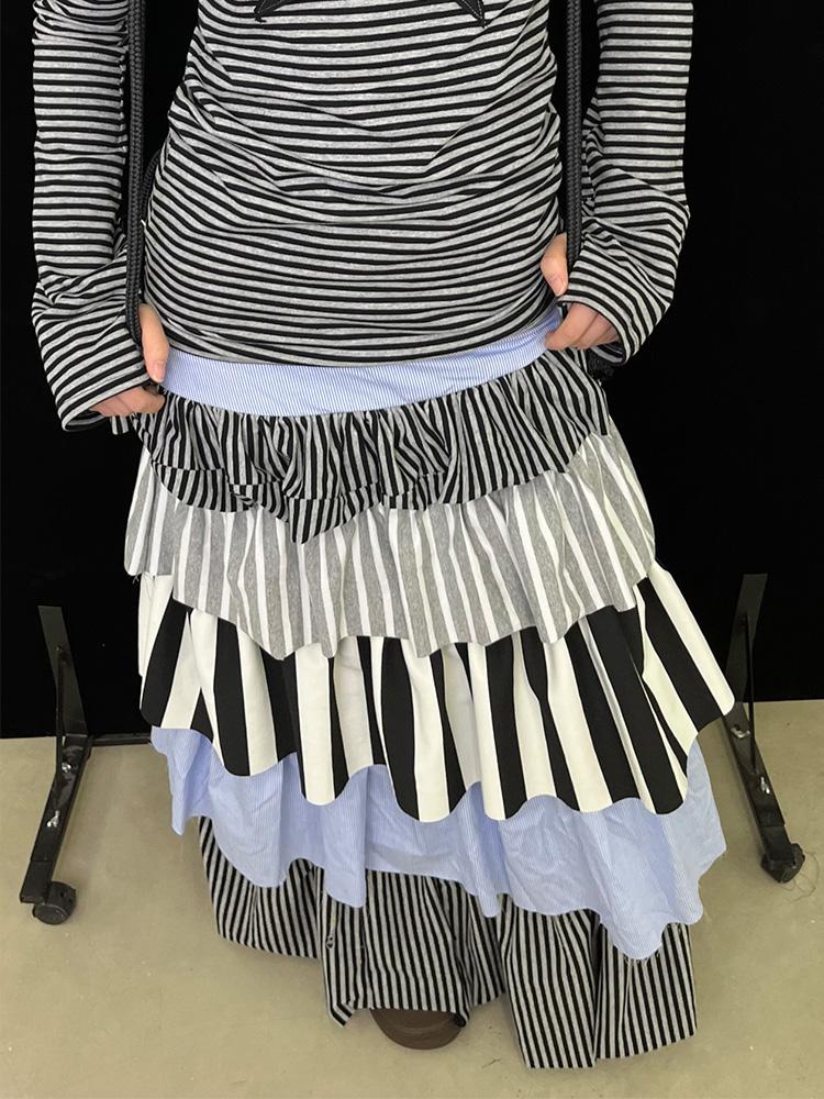 Fall Winter Striped Knit Layered Cake Maxi Dresses