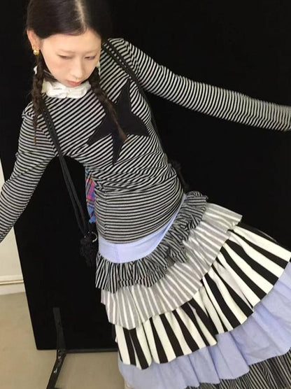 Fall Winter Striped Knit Layered Cake Maxi Dresses
