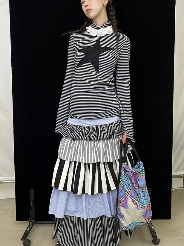Fall Winter Striped Knit Layered Cake Maxi Dresses