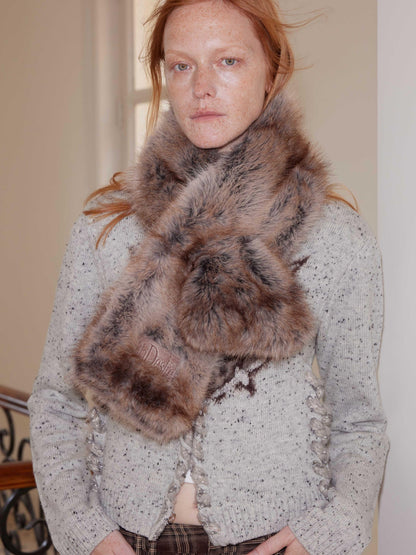2th Desire Faux Fur Scarf Winter Warm Plush Two-Tone Tip Leather Label