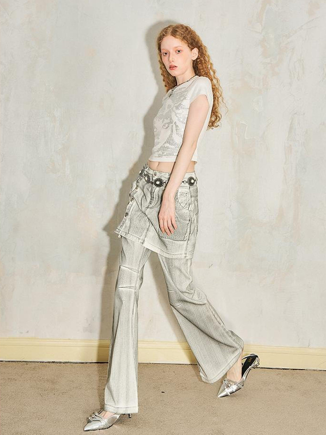 DIDDI MODA Faux Two Tone Flared Denim Culottes With Metallic Waist Chain