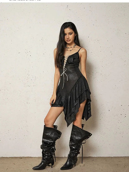 FayChui Asymmetric Lace Up Ruffle Hem Slip Dress