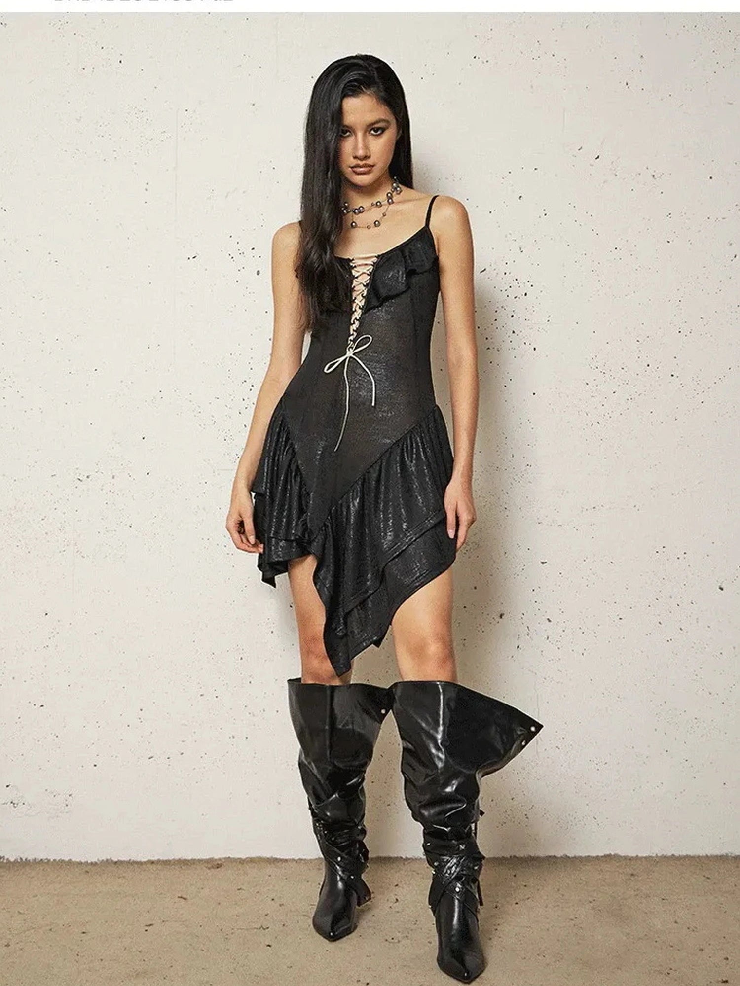 FayChui Asymmetric Lace Up Ruffle Hem Slip Dress