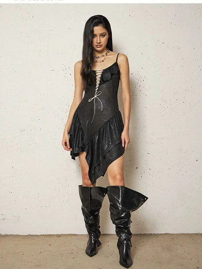FayChui Asymmetric Lace Up Ruffle Hem Slip Dress