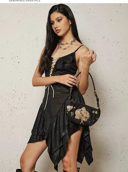 FayChui Asymmetric Lace Up Ruffle Hem Slip Dress
