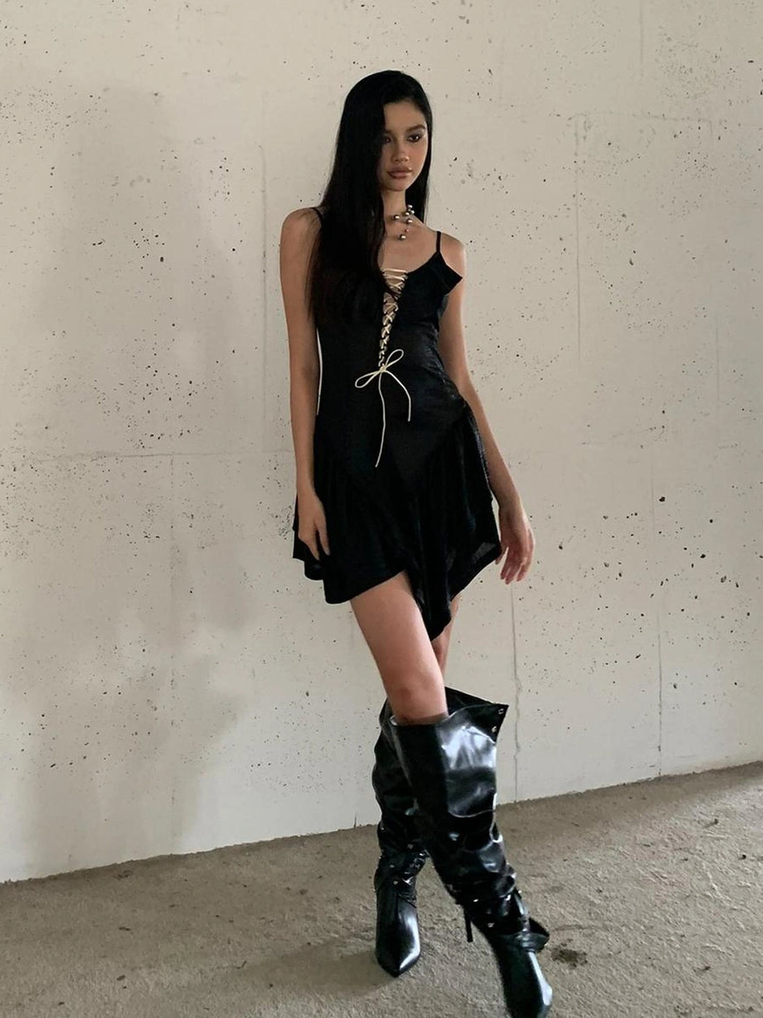 FayChui Asymmetric Lace Up Ruffle Hem Slip Dress