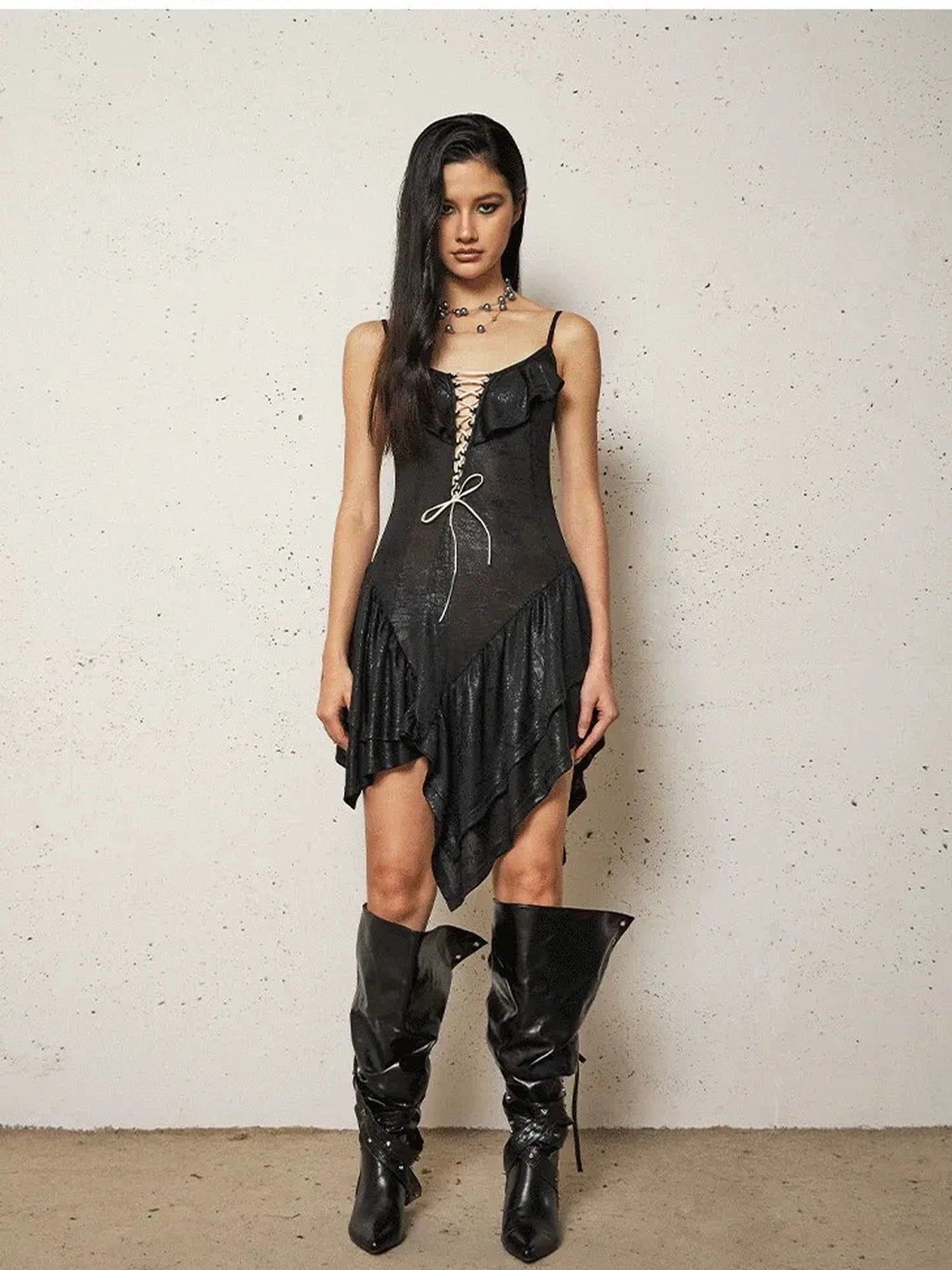 FayChui Asymmetric Lace Up Ruffle Hem Slip Dress