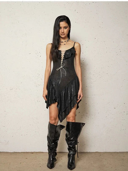 FayChui Asymmetric Lace Up Ruffle Hem Slip Dress