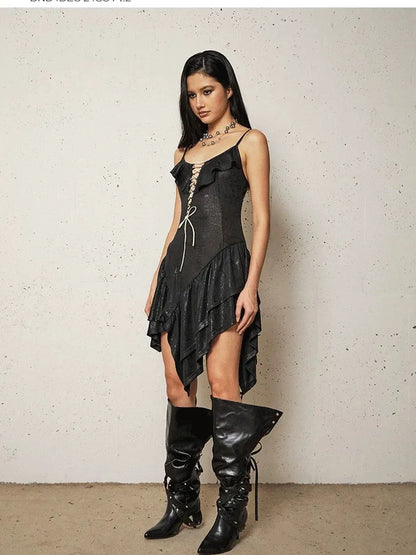 FayChui Asymmetric Lace Up Ruffle Hem Slip Dress