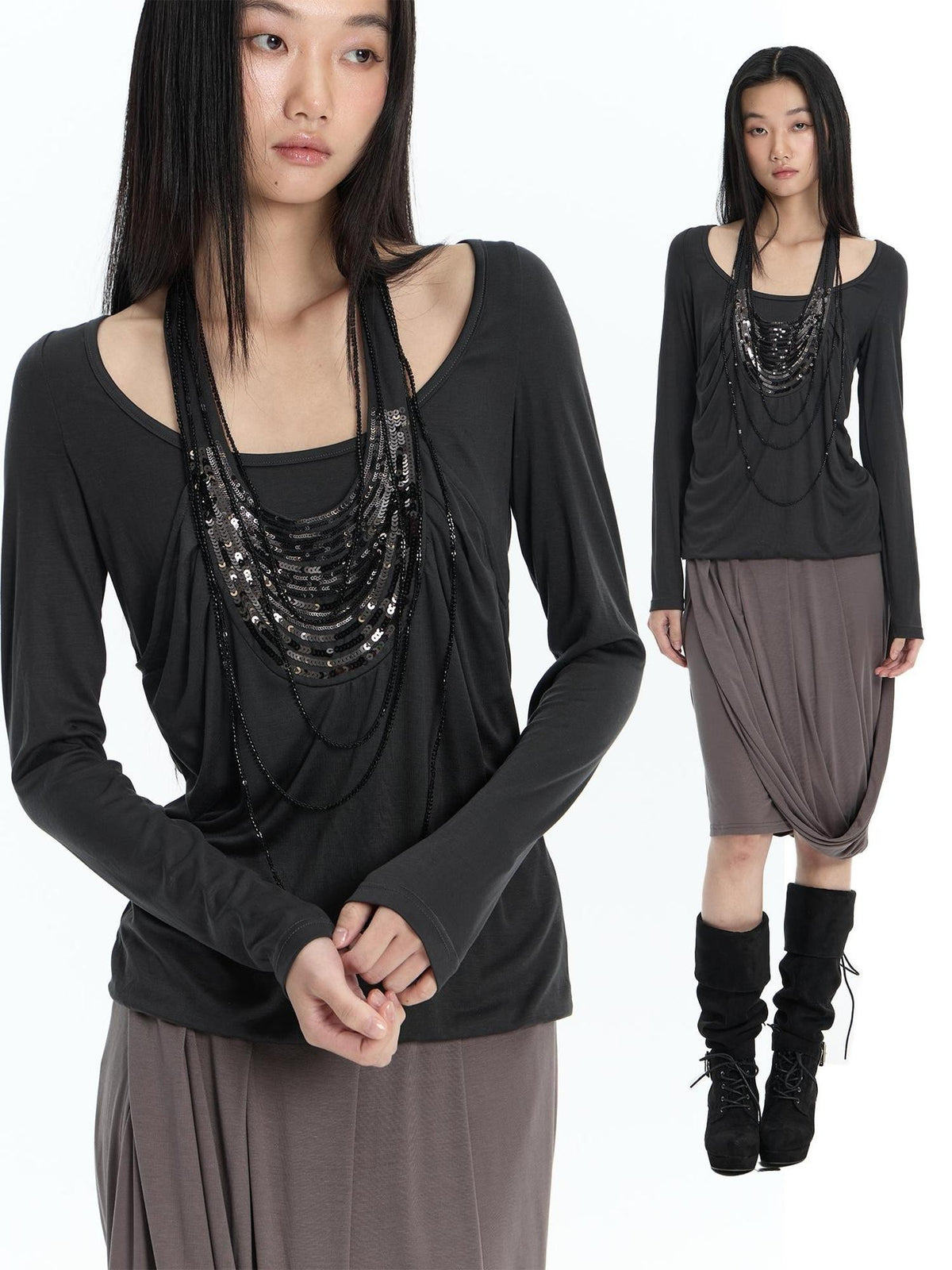 FayChui Beaded Faux Layer Lyocell Loose Fit Women&