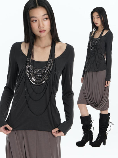 FayChui Beaded Faux Layer Lyocell Loose Fit Women&