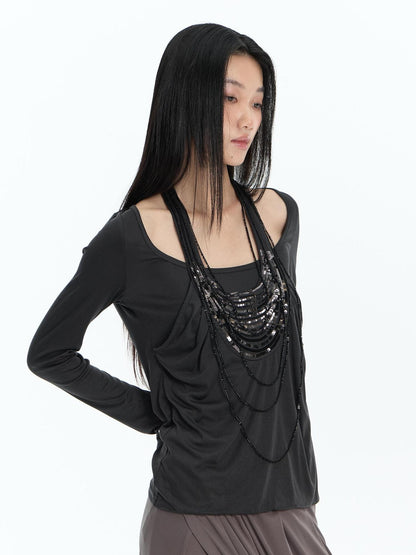 FayChui Beaded Faux Layer Lyocell Loose Fit Women&