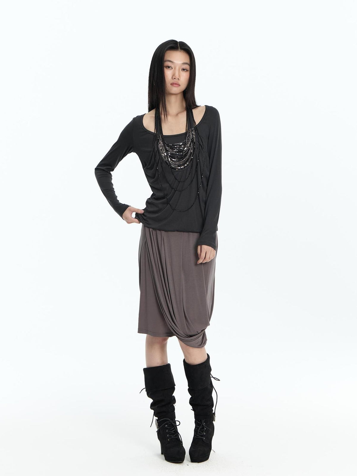 FayChui Beaded Faux Layer Lyocell Loose Fit Women&
