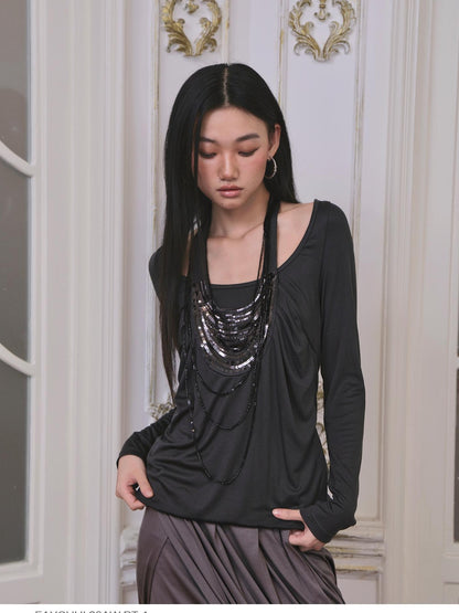 FayChui Beaded Faux Layer Lyocell Loose Fit Women&