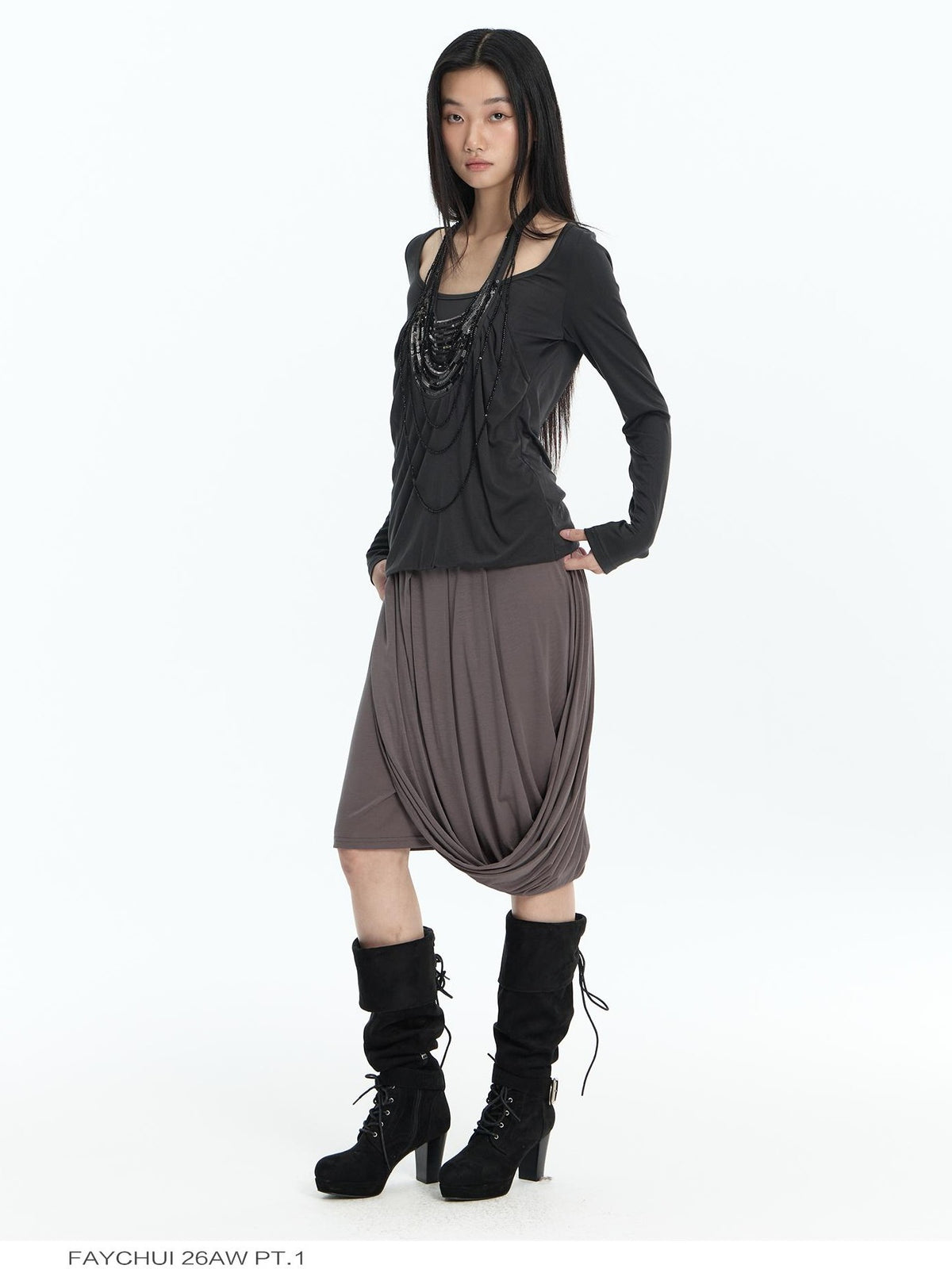 FayChui Beaded Faux Layer Lyocell Loose Fit Women&