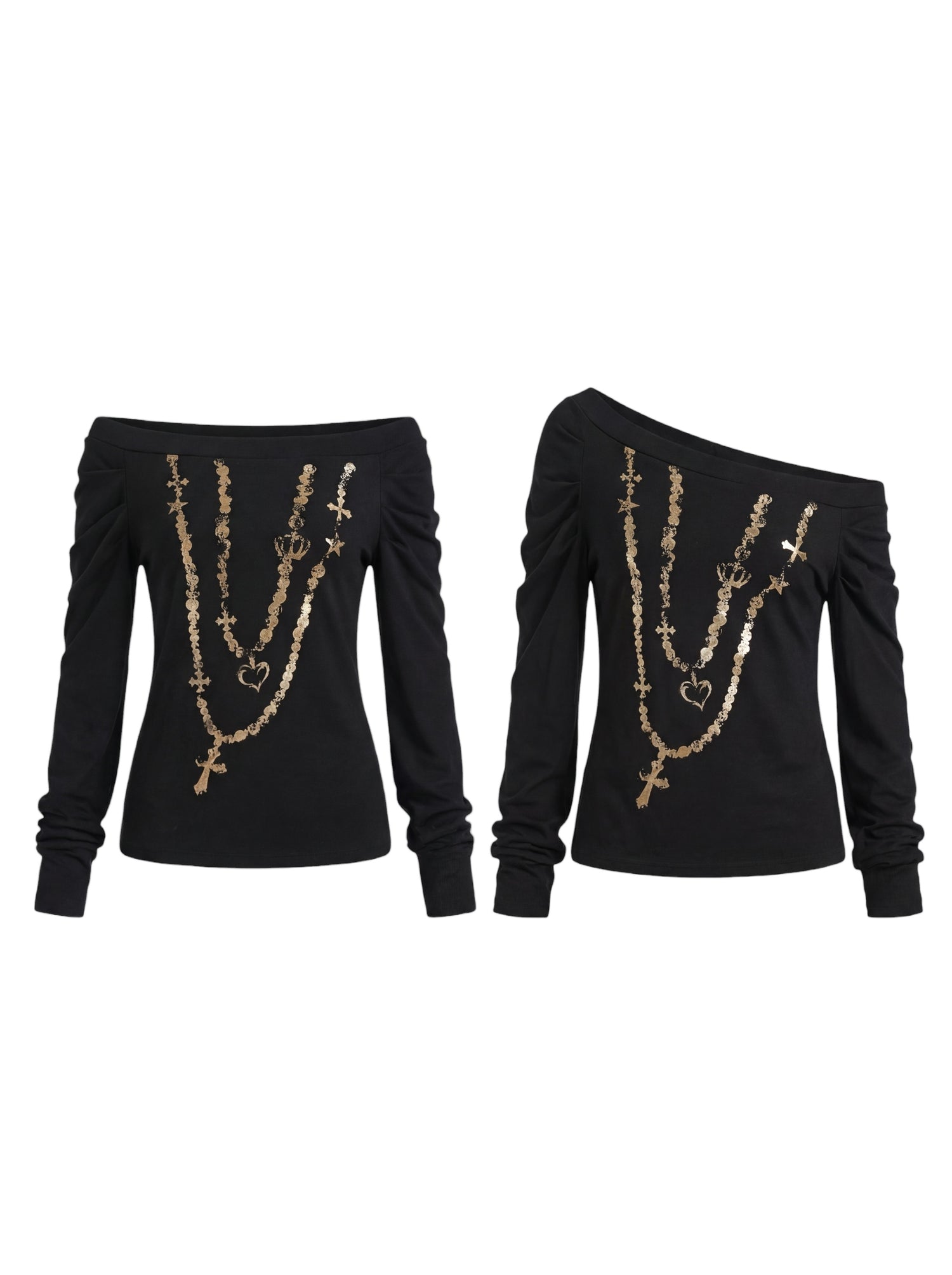 FayChui_Black_Gold_Foil_Chain_Asymmetrical_Raglan_Women&