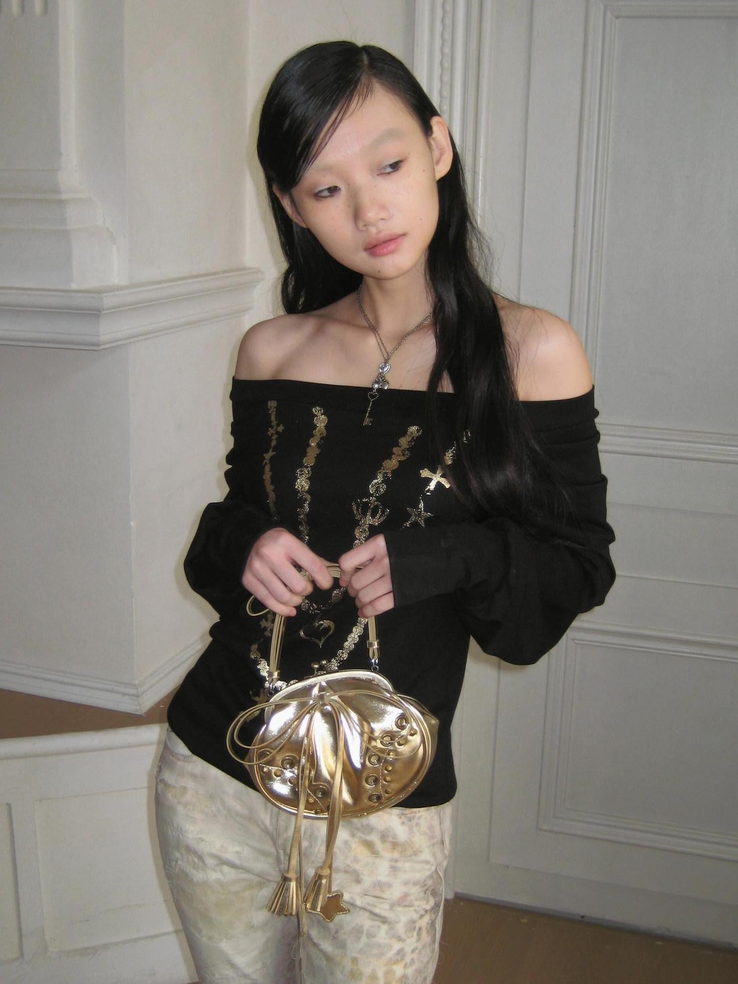 FayChui Black Gold Foil Chain Asymmetrical Raglan Women&