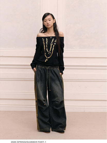 FayChui Black Gold Foil Chain Asymmetrical Raglan Women&