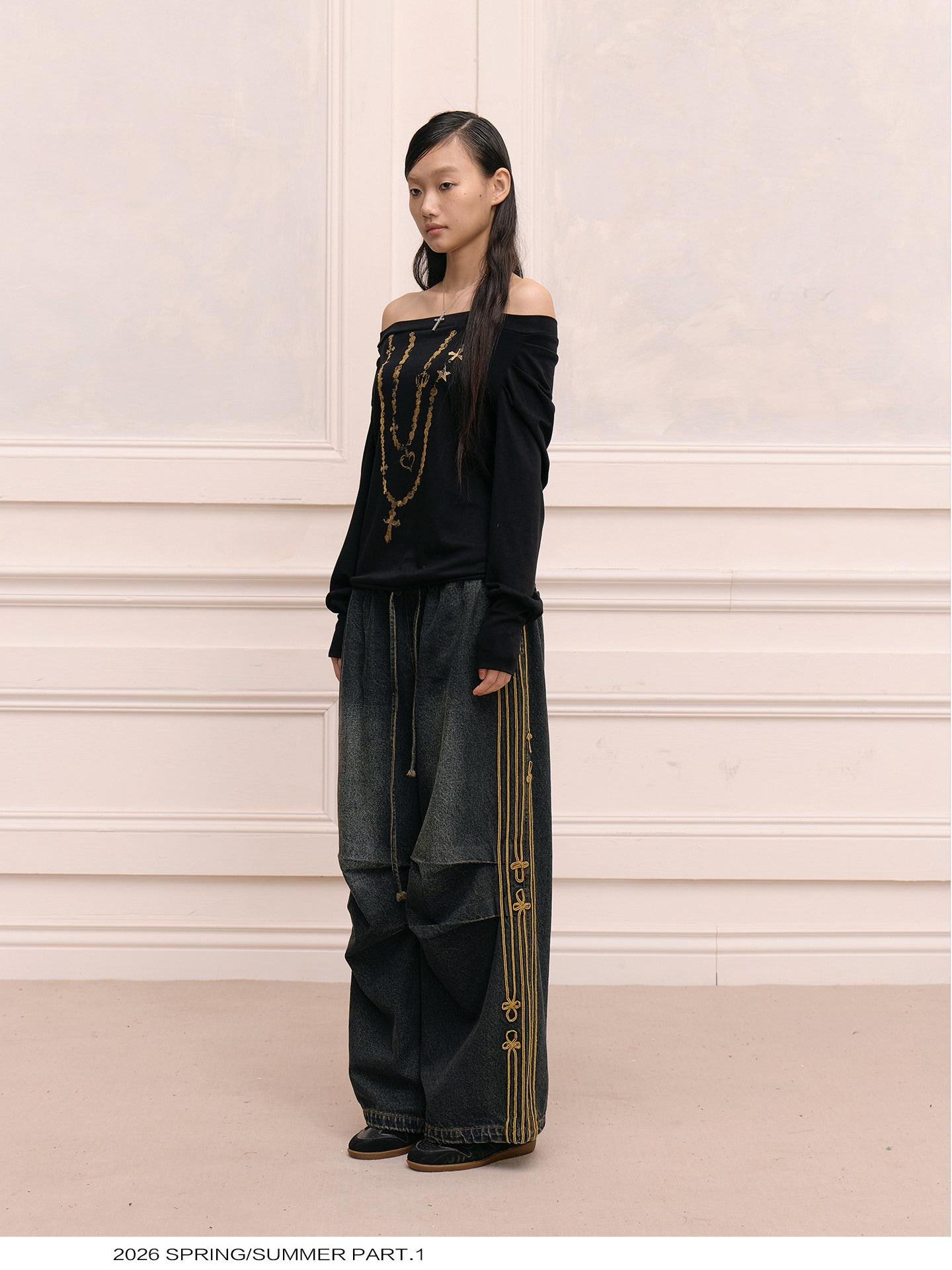 FayChui Black Gold Foil Chain Asymmetrical Raglan Women&