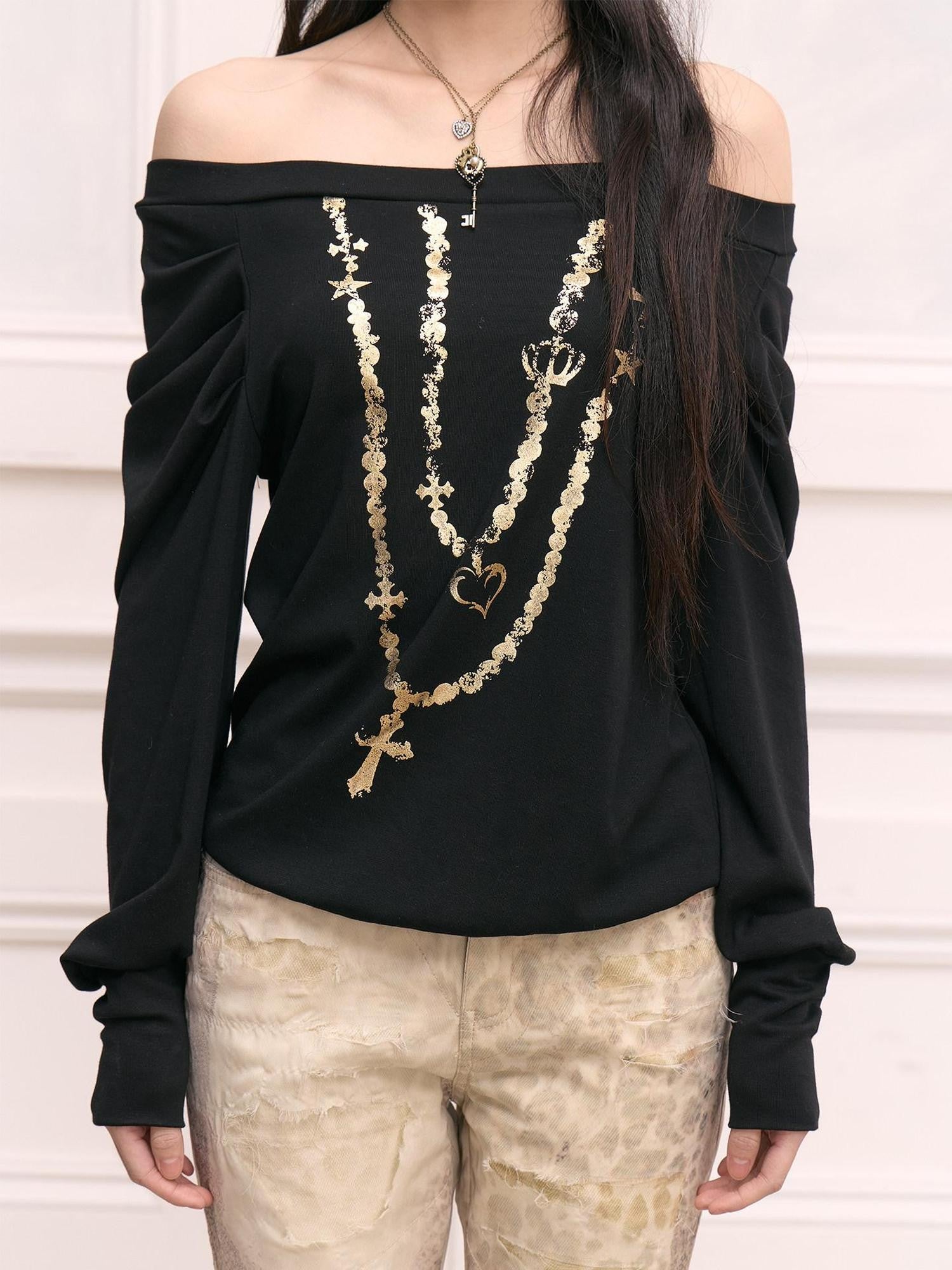 FayChui Black Gold Foil Chain Asymmetrical Raglan Women&