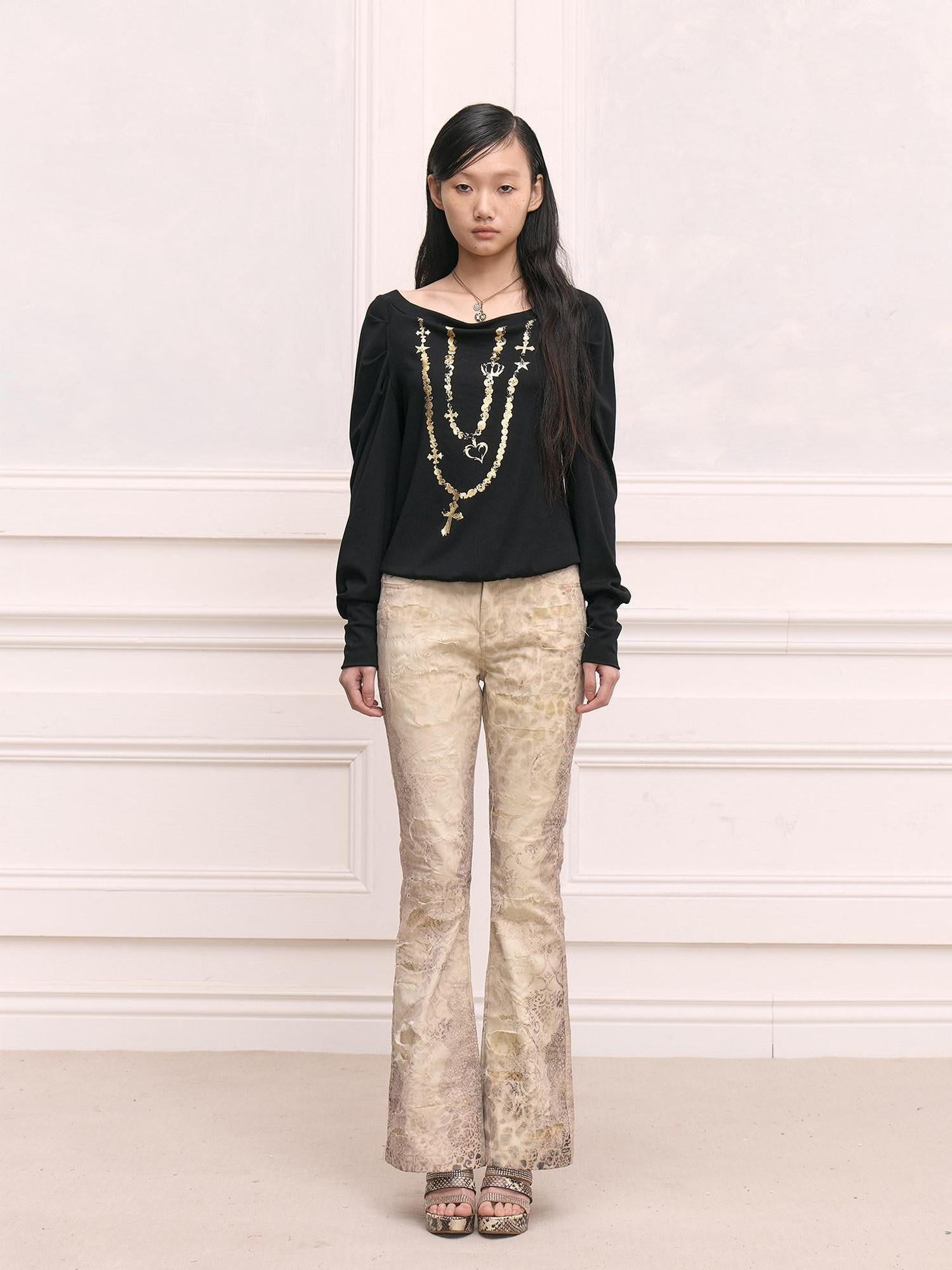 FayChui Black Gold Foil Chain Asymmetrical Raglan Women&