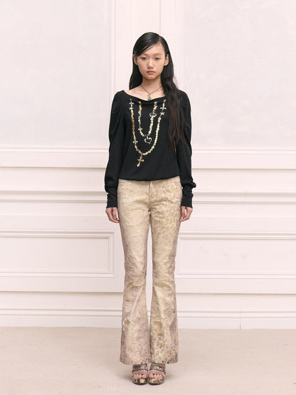 FayChui Black Gold Foil Chain Asymmetrical Raglan Women&