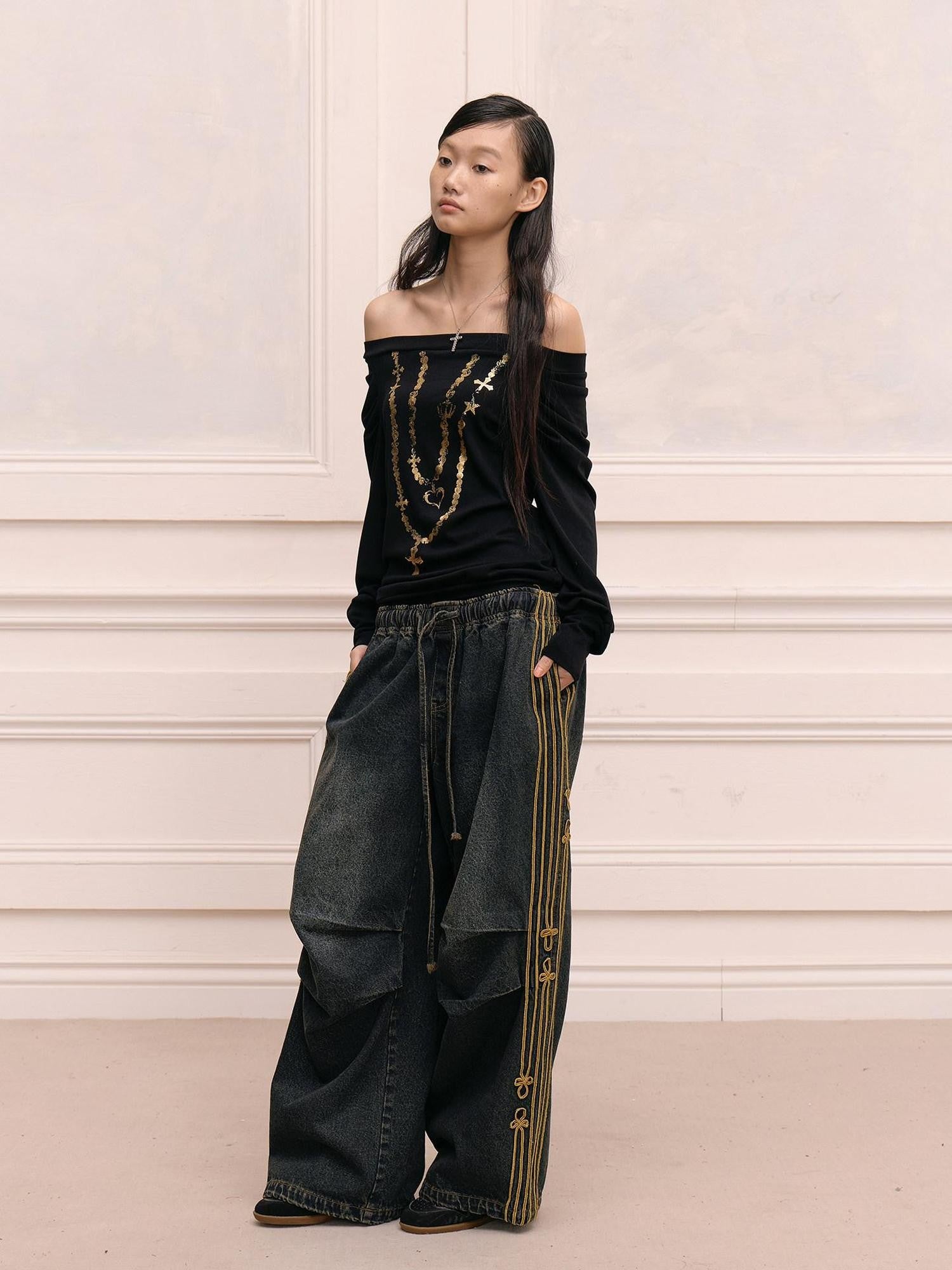 FayChui Black Gold Foil Chain Asymmetrical Raglan Women&