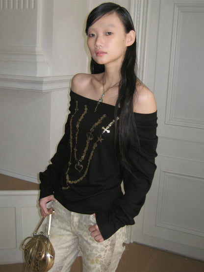 FayChui Black Gold Foil Chain Asymmetrical Raglan Women&