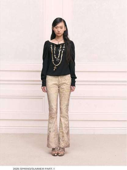 FayChui Black Gold Foil Chain Asymmetrical Raglan Women&