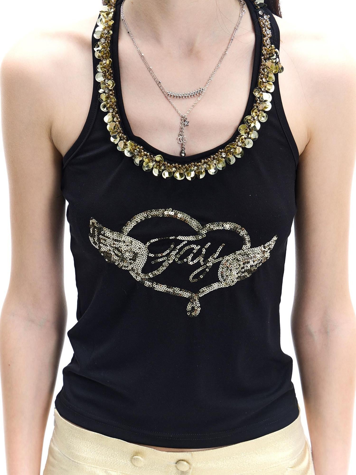 FayChui Black Gold Wing Heart Embroidered Halter Women&