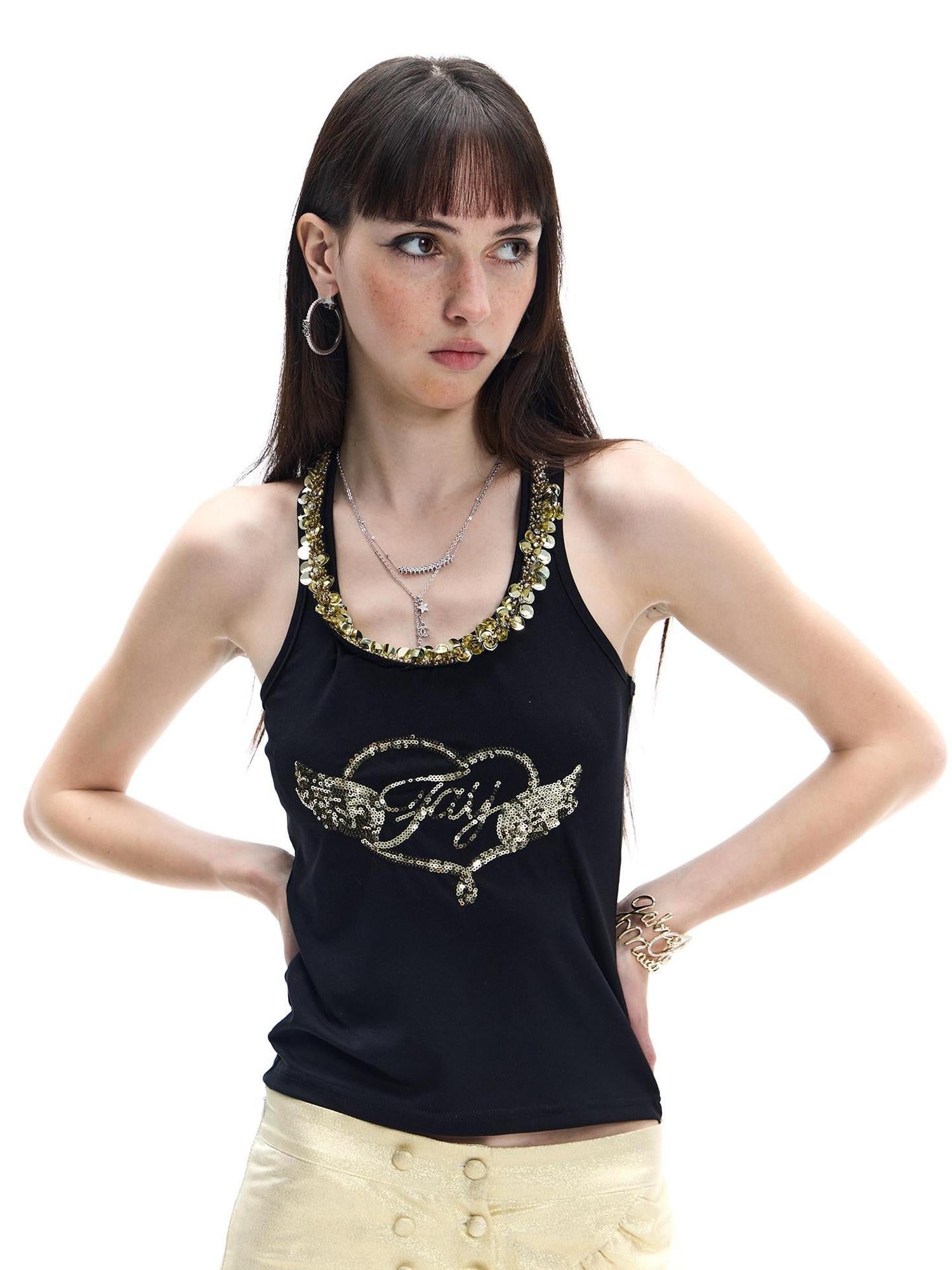 FayChui Black Gold Wing Heart Embroidered Halter Women&