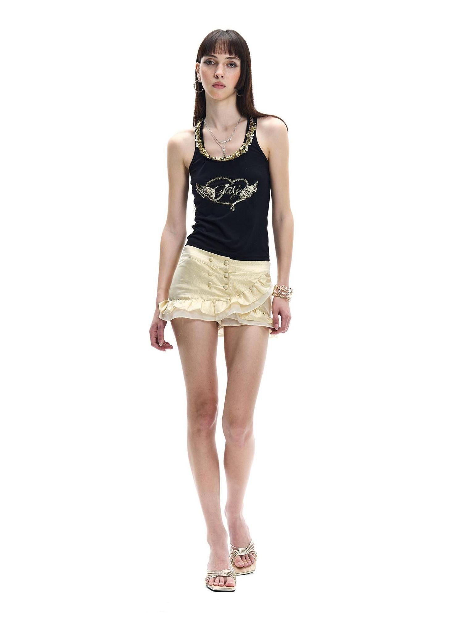 FayChui Black Gold Wing Heart Embroidered Halter Women&