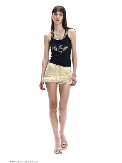 FayChui Black Gold Wing Heart Embroidered Halter Women&