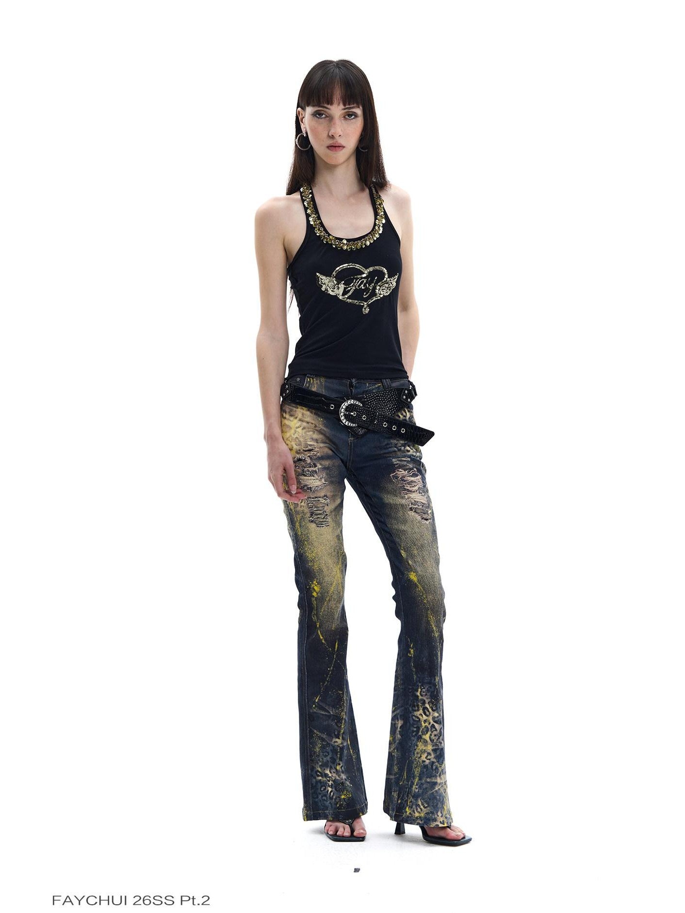 FayChui Black Gold Wing Heart Embroidered Halter Women&