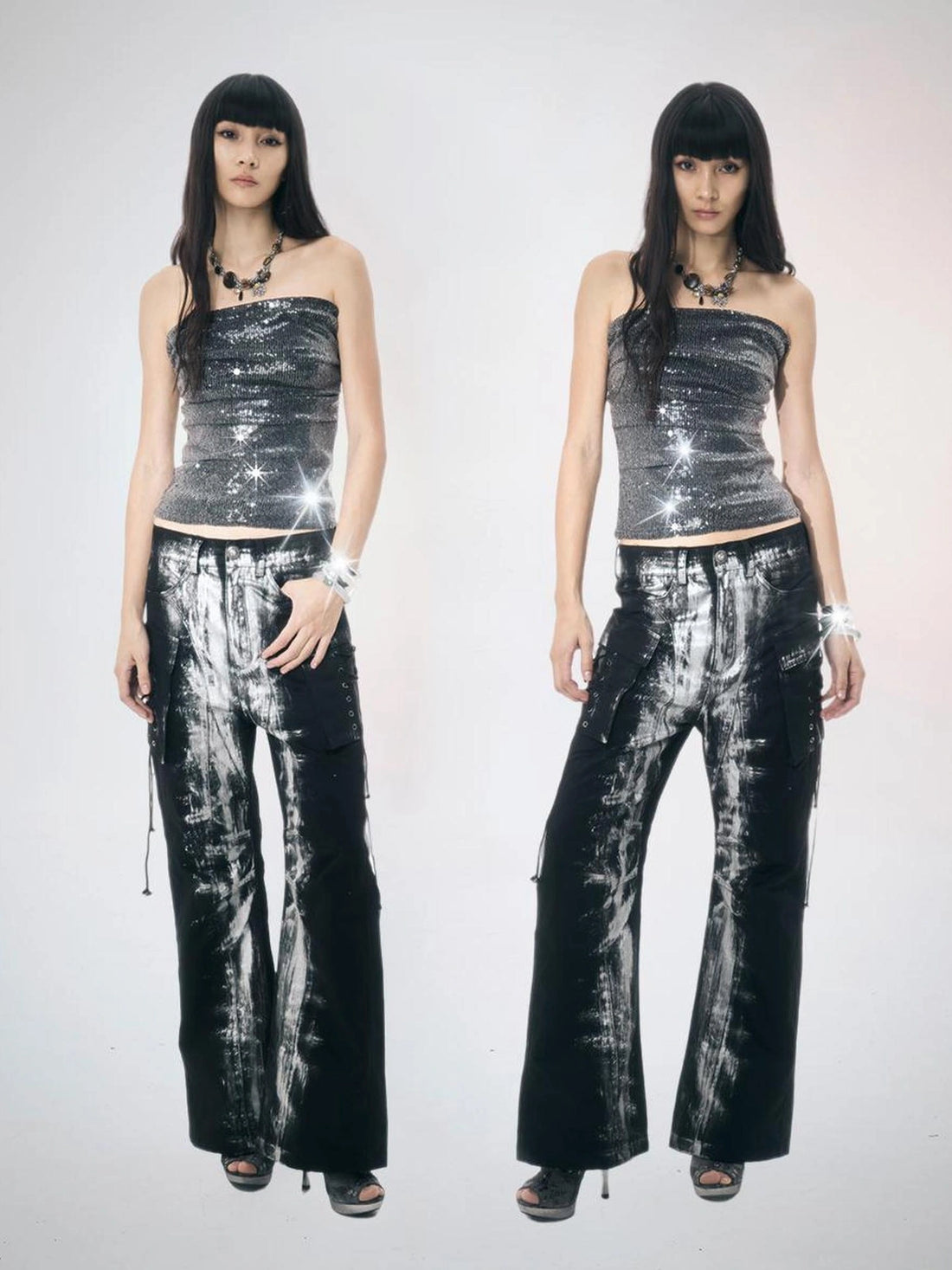 Black Silver Strap Cargo Pants Retro Brushed Silver Wide Leg