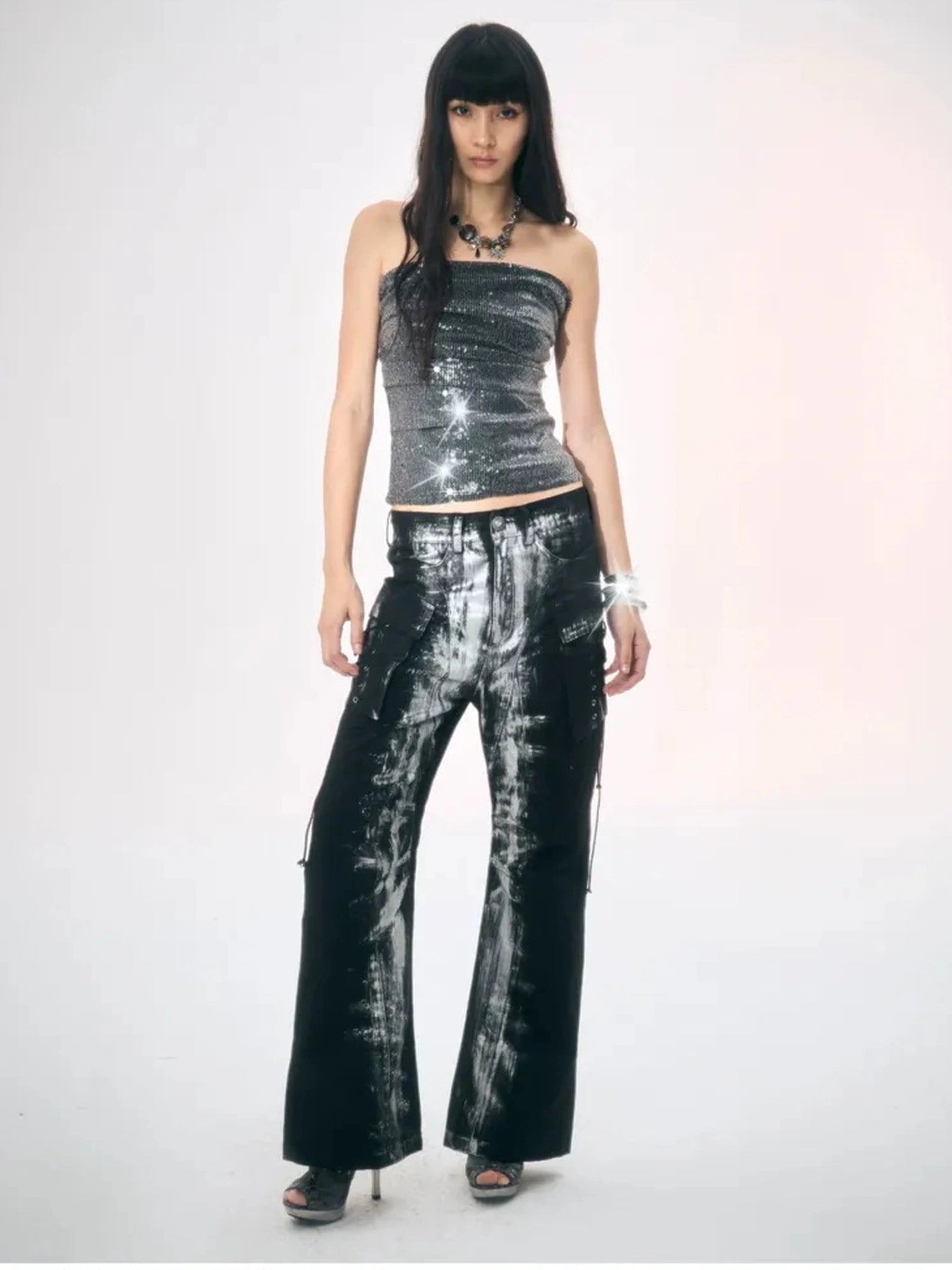 Black Silver Strap Cargo Pants Retro Brushed Silver Wide Leg