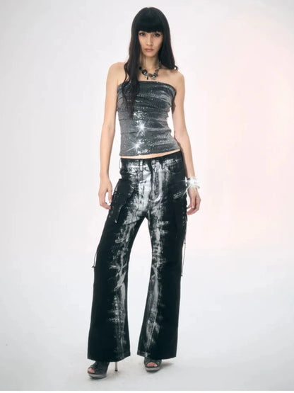 Black Silver Strap Cargo Pants Retro Brushed Silver Wide Leg