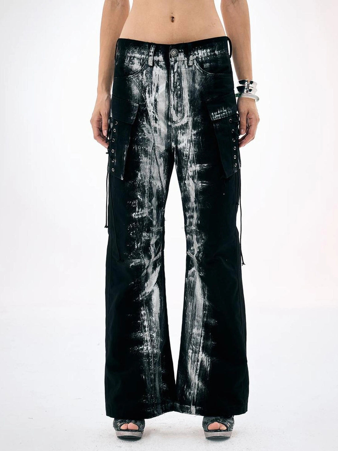 Black Silver Strap Cargo Pants Retro Brushed Silver Wide Leg