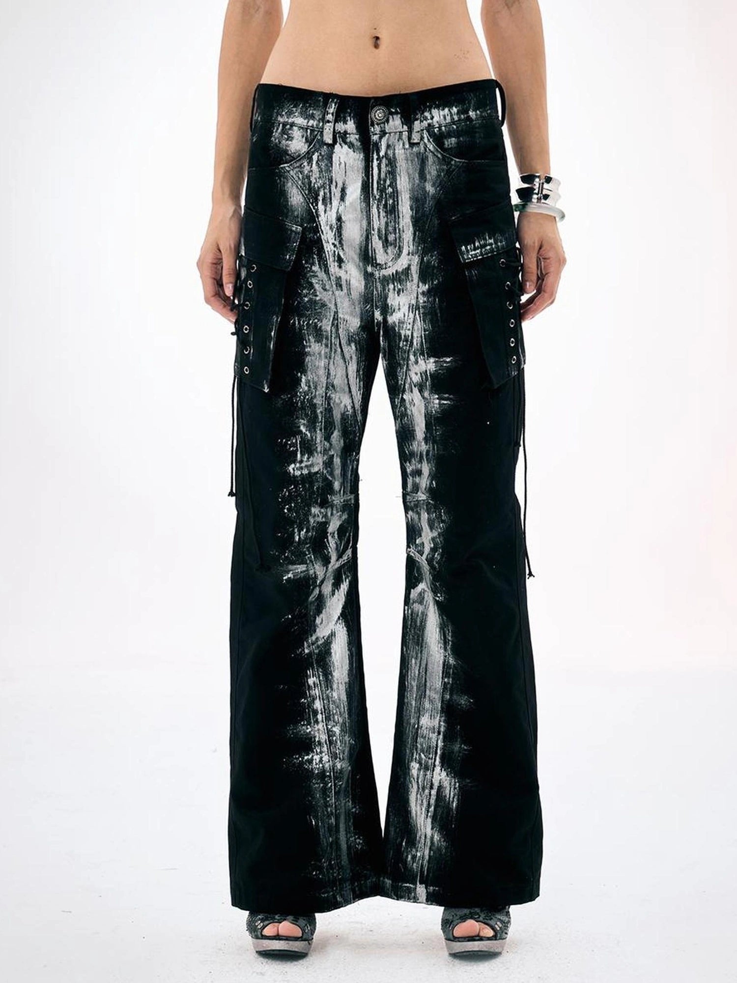 Black Silver Strap Cargo Pants Retro Brushed Silver Wide Leg