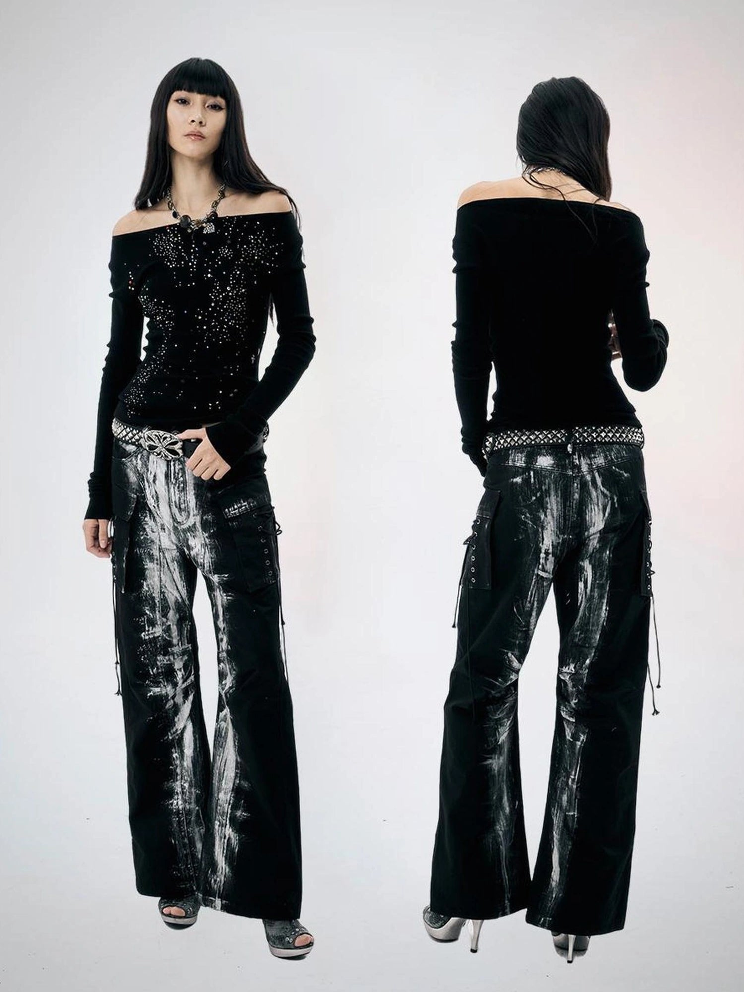 Black Silver Strap Cargo Pants Retro Brushed Silver Wide Leg